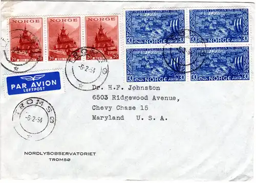 Norwegen 1954, 7 Marken auf Luftpost Brief v. TROMSÖ n. USA
