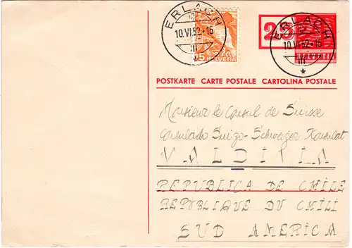 Schweiz 1952, 15 C. auf 25/20 C. Ganzsache v. ERLACH n. Chile! Destination!