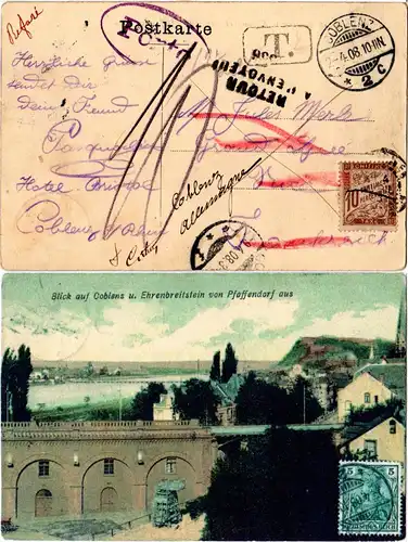 DR 1908, unzureichend frankierte AK v. Koblenz m. Frankreich 10 C. Porto  Nizza