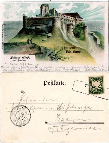 Bayern 1902, R3-Aushilfstempel SCHESSLITZ auf Schloß Giech Litho-AK m. 5 Pf