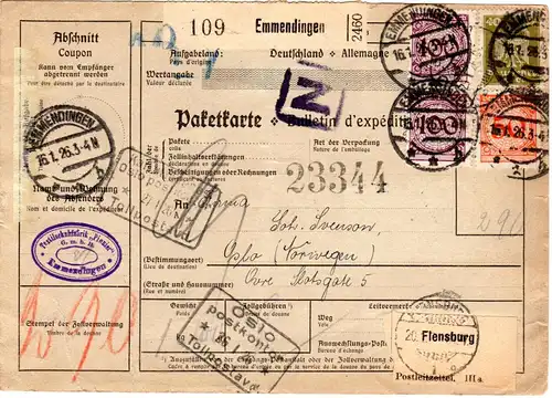 DR 1926, 40+50+2x100 Pf. auf Paketkarte v. Emmendingen n. Norwegen.