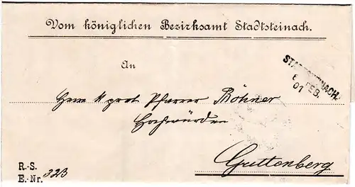 Bayern 1901, Aushilfstempel L3 STADTSTEINACH 6 FEB. 01 (Spätdatum) auf Amtsbrief