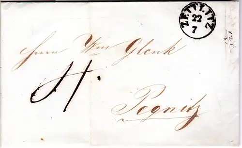 Bayern 1845, klarer Fingerhut Stpl. ZETTLITZ auf Brief v. Redwitz n. Pegnitz