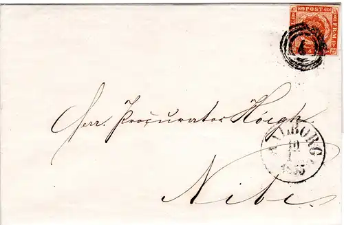 Dänemark 1855, breitrandige 4 S. auf schönem Brief m. Nr.Stpl. 4, AALBORG