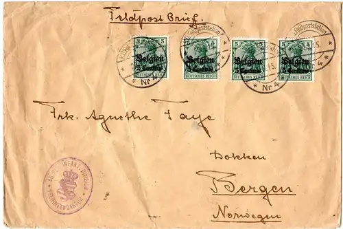 Belgien 1915, 4x5 C. auf Feldpost-Auslandsbrief nach Norwegen.