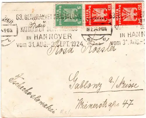 DR 1924, Maschinen Werbe Stpl. 63. Katholiken Gen.Vers. auf Brief v. Hannover