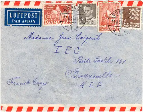 Dänemark 1952, 4 Marken auf Luftpost Brief v. ODENSE n. Französisch Kongo!