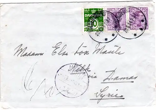 Dänemark 1924, 10+2x15 öre auf Brief v. FREDENSBORG n. Nebik, Syrien