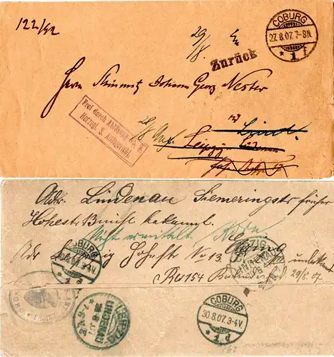 DR 1907, Frei d. Ablösung No.9 Herzogl. S. Amtsgericht, Brief Coburg-Leipzig 