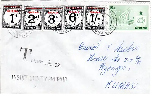 Ghana 1958, 2 1/2d+5 postage due stamps on cover from ODA with postage due marks