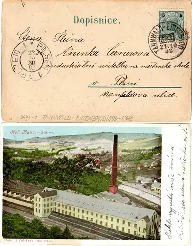 Österreich 1902, Bahnpost-K1 TANNWALD-EISENBROD klar auf AK m. 5 H. v. SVAROV