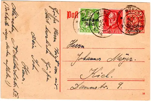 Bayern 1920, 10 Pf. in Mischfrankatur auf DR Ganzsache m. Zusatzfr. v. München