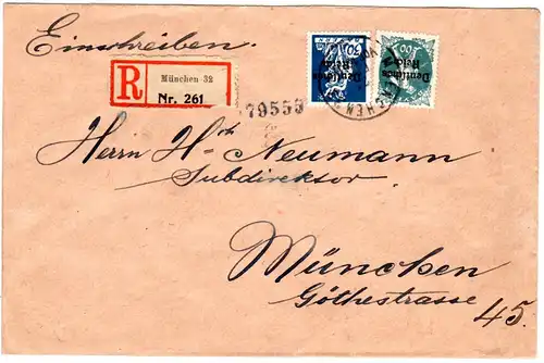 DR 1921, 30+60 Pf. DR Bayern Abschied auf Orts Einschreiben Brief v. München 32