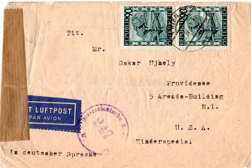 Österreich 1947, MeF 2x90 G. auf Luftpost Zensur Brief v. Wien n. USA