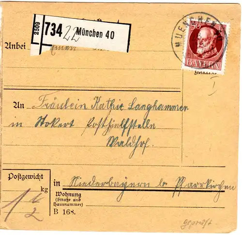 Bayern 1914, EF 50 Pf. Friedensdruck auf Paketkarte v. München 40. Geprüft