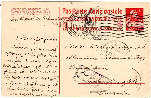 Schweiz 1916, 10 C. Ganzsache v. St. Gallen m. Türkei Zensur n. Constantinopel