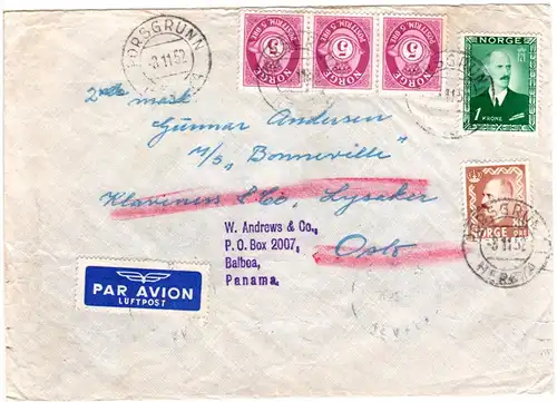 Norwegen Panama 1952, Seemanns Nachsende Luftpost Brief v. Porsgrunn m. 5 Marken