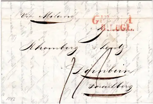Italien Sardinien 1843, roter L2 GENOVA auf Brief via Milano n. Österreich