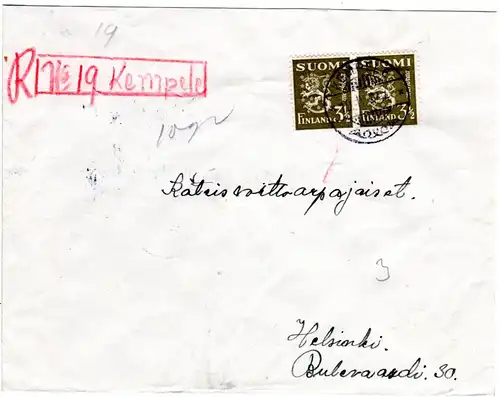 Finnland 1944, KEMPELE, Brief m. provisorischer Reko Kennzeichnung 