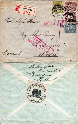 NL 1918, 4 Marken auf WW I Reko Zensur Brief v. Rotterdam n. Österreich