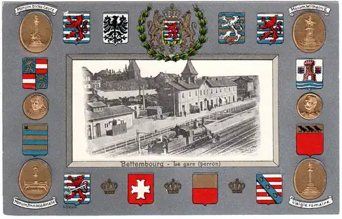 Luxemburg, Bettembourg Bahnhof m. Lokomotive u. Wappen, ungebr. Präge-AK 