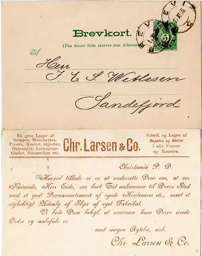 Norwegen 1895, 5 öre Ganzsache v. BREVIK m. rs. Bekleidungs Fabrik Zudruck