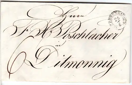 Bayern 1844, Fingerhut Stpl. SCHROBENHAUSEN auf Porto Brief n. Tittmoning