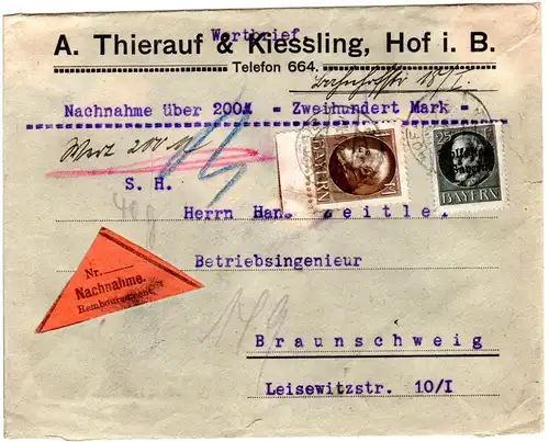 Bayern 1920, 25 Pf.+1 Mk. auf Nachnahme Wert Brief v. Hof n. Braunschweig