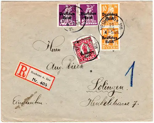 DR 1921, Paar 10+2x20 Pf+1 Mk. Bayern Abschied auf Einschreiben Brief v. Neuhaus