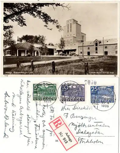 Schweden 1935, 5+10+25 öre Riksdagen auf Reko-Karte ARBOGA Spannmalslagerhuset