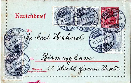 DR 1905, 5x2 Pf. Zusatzfr. auf 10 Pf. Kartenbrief v. Frankfurt Oder n. GB