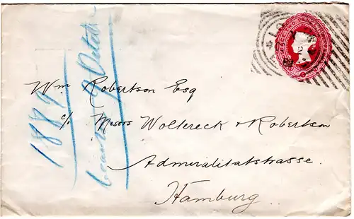 GB 1889, 21/2d Privat Ganzsache Brief m. Hoster Maschinenstempel n. Deutschland