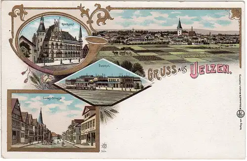 Gruss aus Uelzen m. Post u. Bahnhof, ungebr. Litho-AK 