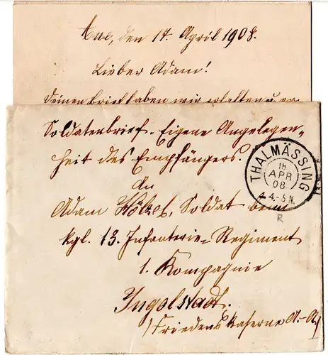 Bayern 1908, Reservestempel THALMÄSSING R auf Soldaten Brief v. Aue n Ingolstadt