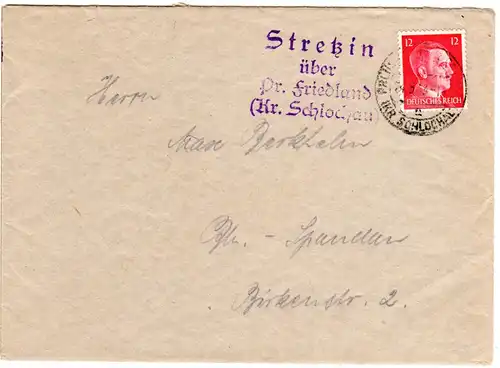 DR 1943, Landpost Stpl. STRETZIN über Pr. Friedland auf Brief m. 12 Pf. 
