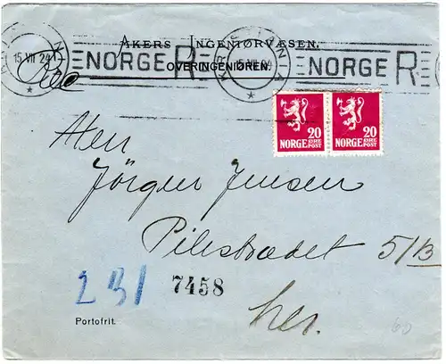 Norwegen 1924, Paar 20 öre auf Orts-Reko Brief v. Kristiania
