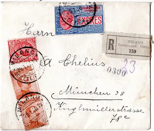 Italien 1920, 10+2x20+30 C. Express auf Reko-Eilboten Brief v. MILANO n. Bayern