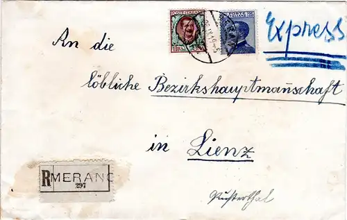 Italien 1919, 1 L.+25 C. auf Einschreiben Eilboten Brief v. MERANO n. Lienz.