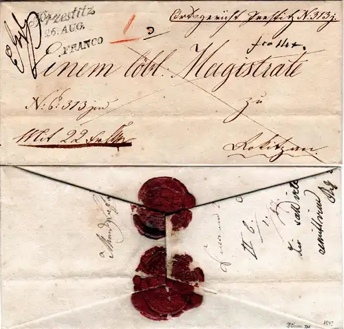 Österreich 1843, Böhmen Schreibschrift-L2 PRZESTITZ auf Wert Brief n. Kokitzau