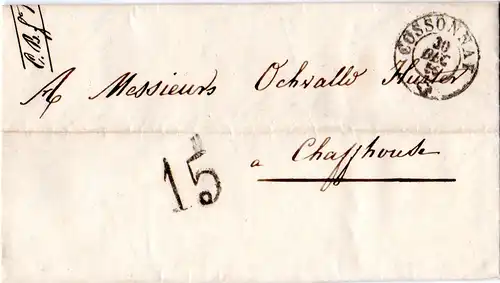 Schweiz 1856, Portostpl. 15 auf Brief v. COSSONAY n. Schaffhausen.