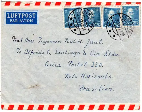 Dänemark 1947, MeF 4x40 öre auf Luftpost Brief v. Gjentofte n. Brasilien.