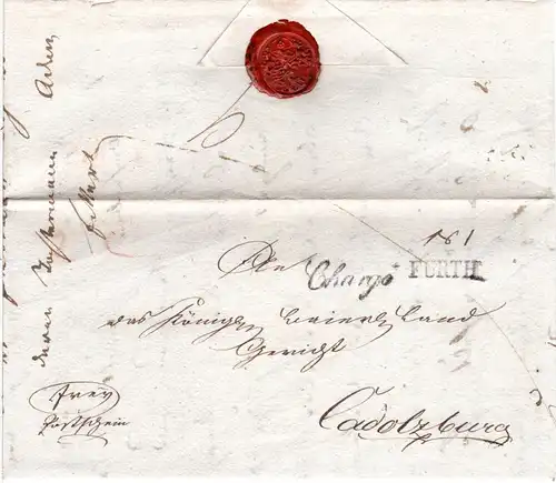Bayern 1825, L1 FÜRTH u. Chargé auf gesiegeltem Brief n. Cadolzburg