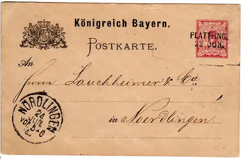 Bayern 1884, L2-Aushilfstpl. PLATTLING klar auf 5 Pf. Ganzsache