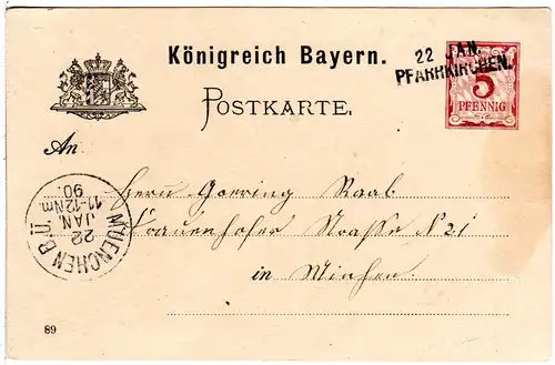 Bayern 1890, L2-Aushilfstpl. PFARRKIRCHEN klar auf 5 Pf. Ganzsache