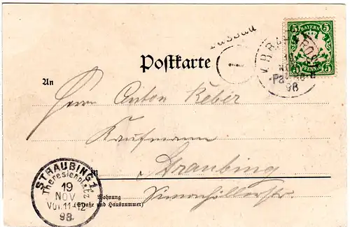 Bayern 1898, Stationsstpl. L1 PASSAU auf Karte m. 5 Pf. u. Bahnpost-K1 Pa-Re 8