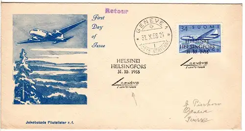 Finnland 1958, 34 M. auf Erstflug Brief Helsinki-Genf, Schweiz. (SLH 58.14)