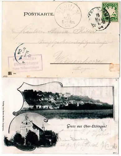 Bayern 1904, Posthilfstelle OBERELCHINGEN Taxe Unterelchingen auf AK m. 5 Pf.