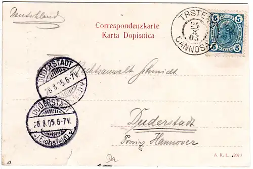 Österreich 1905, Dalmatien-K2 TRSTENO CANNOSA auf Karte m. 5 H.