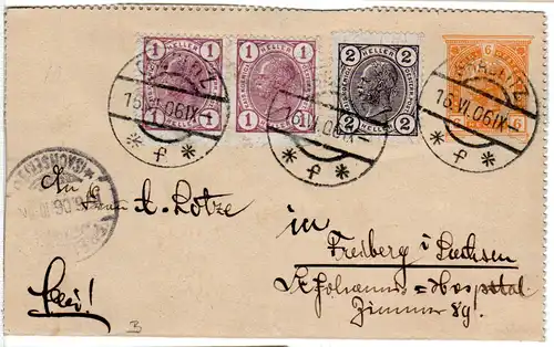 Österreich 1906, 2+Paar 1 H. Zusatzfr. auf 6 H. Kartenbrief v. Graslitz Böhmen