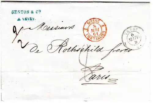 Schweiz 1861, K2 VEVEY auf Brief 2. Gewichtsstufe m. Frankreich Portostpl. "8"
